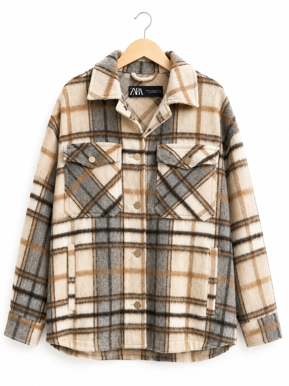 Zara Neutral Plaid Oversized Shacket Jacket Cream Gray Tan XS